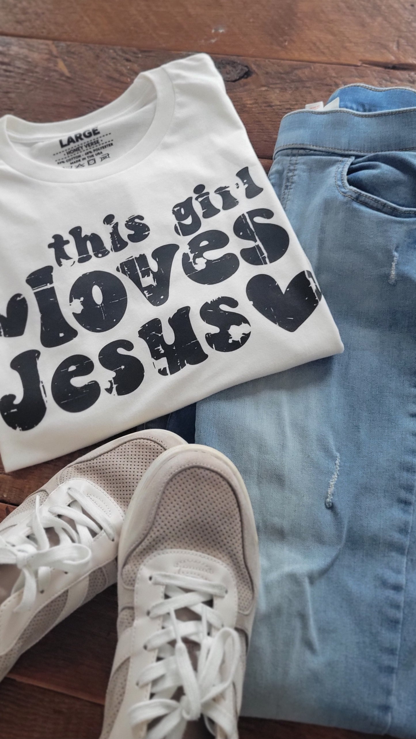 This Girl Loves Jesus Distressed Women's T-Shirt . Christian Faith Apparel