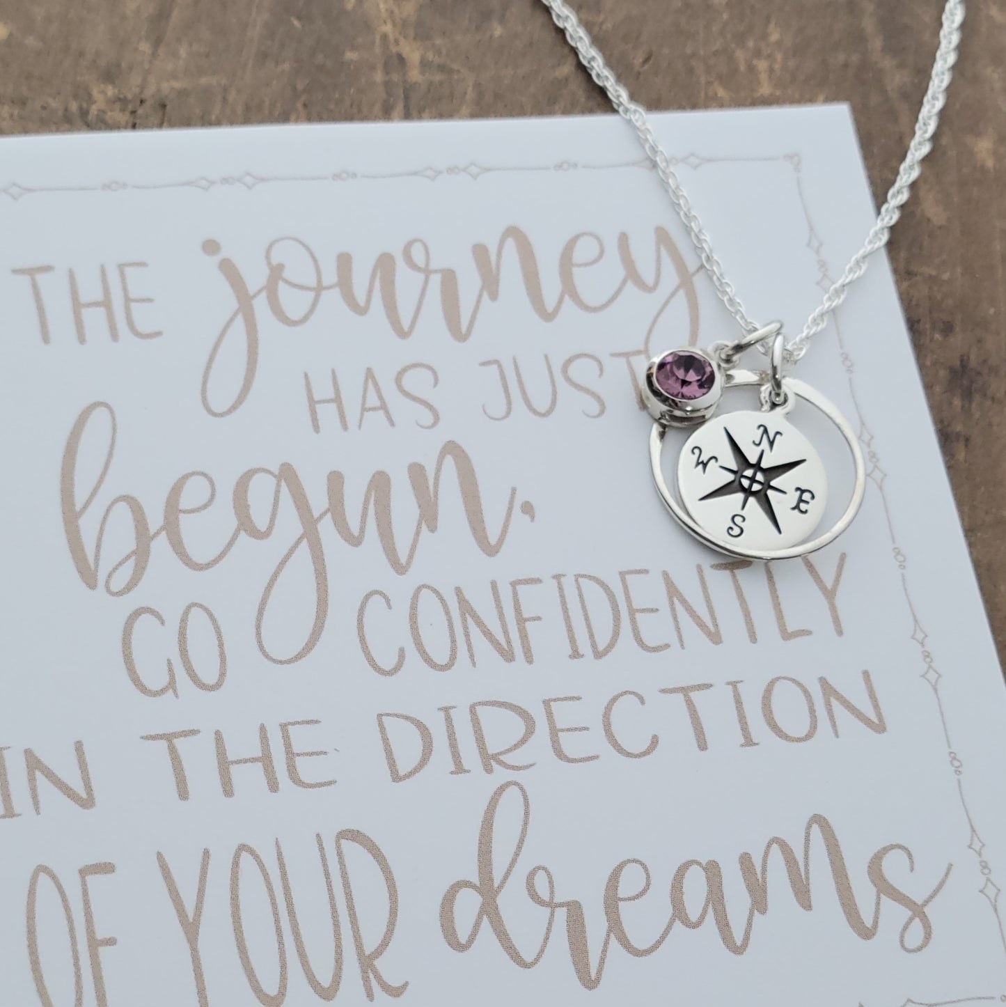 Birthstone Halo Compass . The Journey Has Just Begun Compass Charm Necklace . Graduation Gift Jewelry