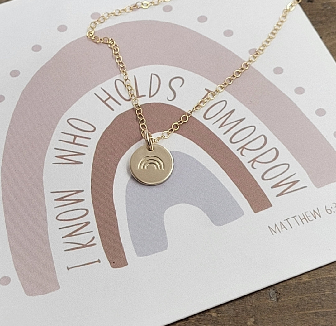 I Know Who Holds Tomorrow Tiny Rainbow Necklace . Bible Inspired Jewelry . Matthew 6:34