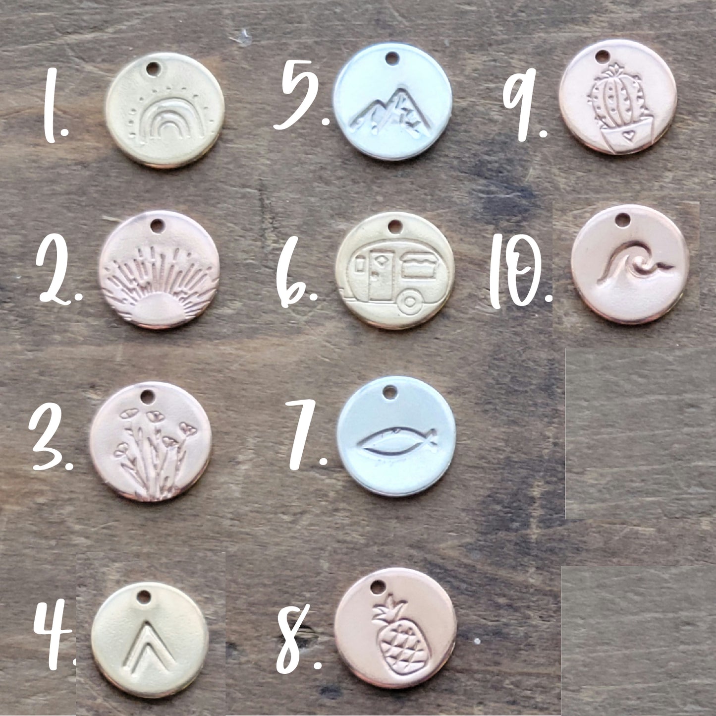 Tiny Joy Pendant Options Include: Rainbow, Sunburst, Wildflowers, Tribal Triangles, Mountains, Camper, Jesus Fish, Pineapple, Cactus, Wave