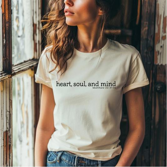 Heart Soul + Mind Women's T-Shirt  . Christian Clothing Faith Tshirt for Mom