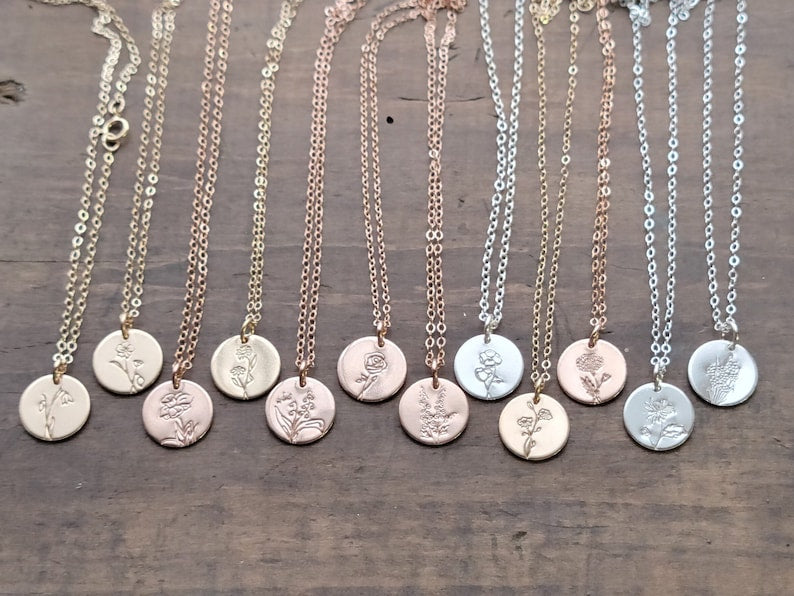 Mama of Many Floral Disc Birth Flower Necklace . ROSE GOLD-FILLED