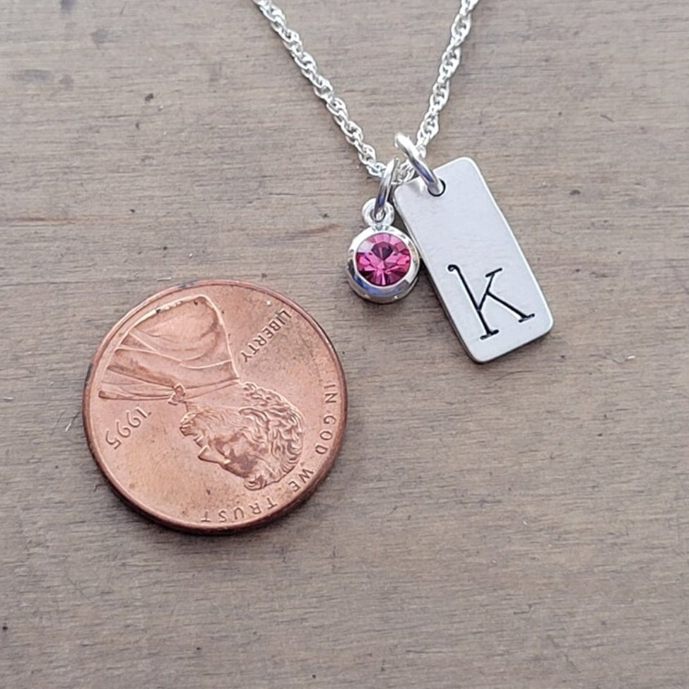 Rectangle Initial + Birthstone Necklace