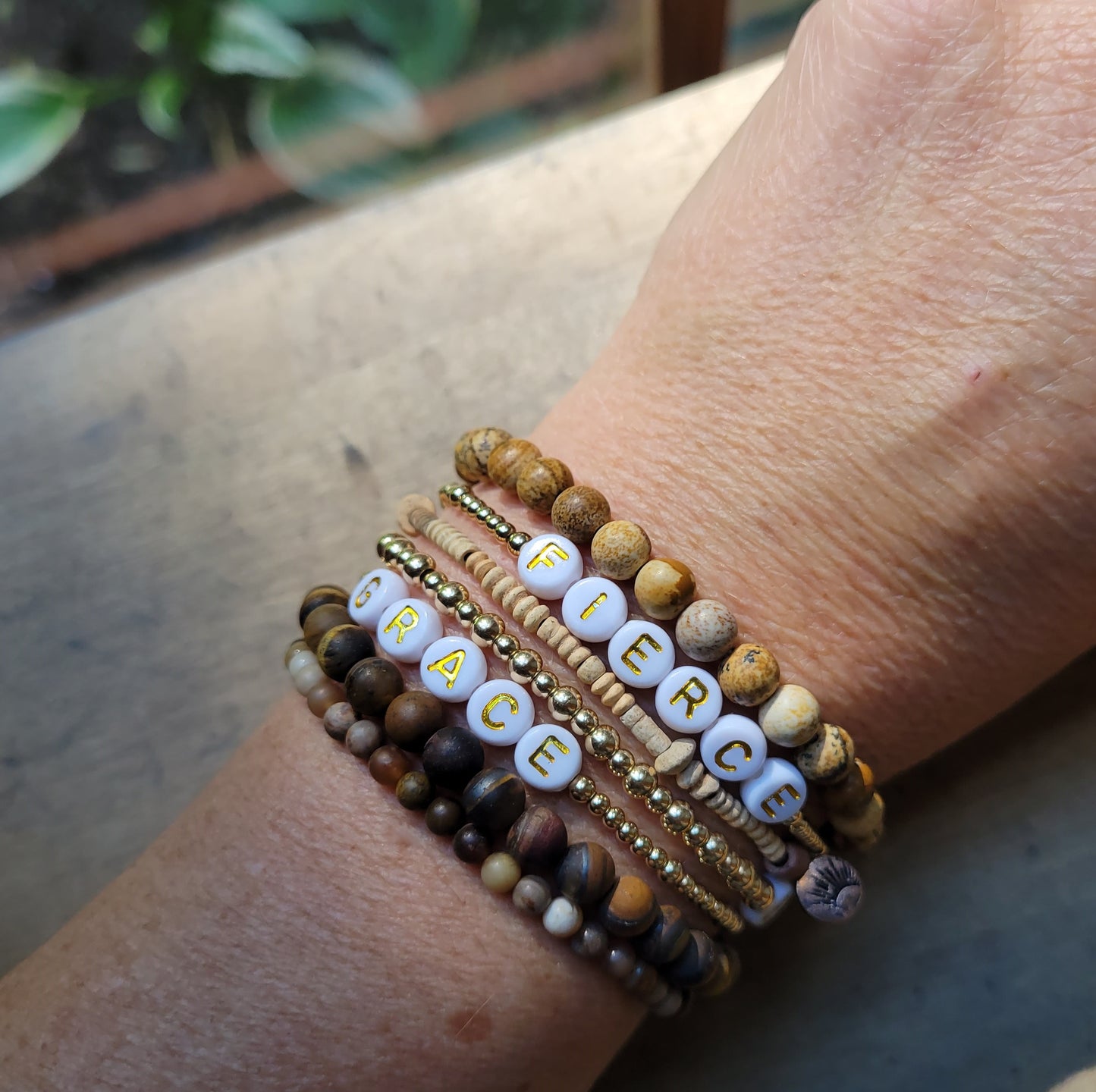 Gold-filled Beaded name or word bracelet for stacking . mantra bracelet stack