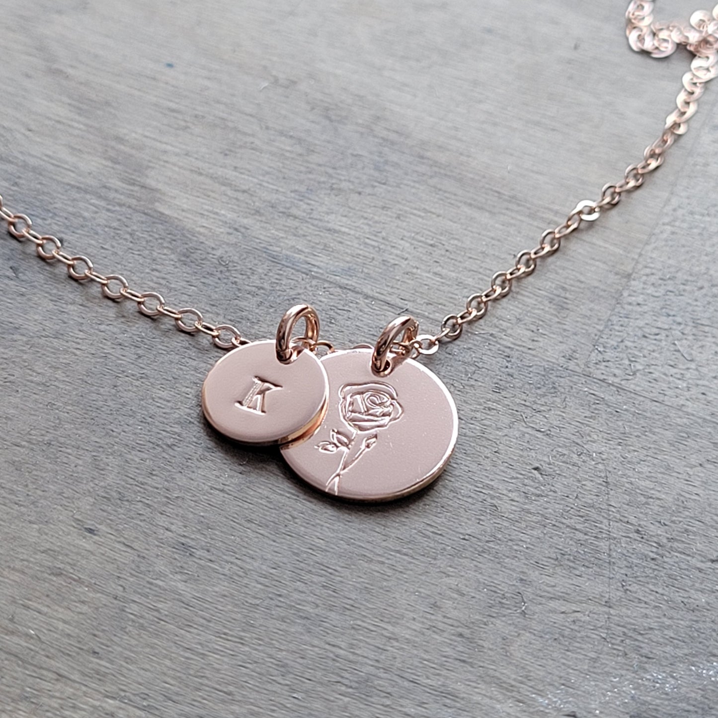 Birth Flower + Initial Necklace . ROSE GOLD-FILLED Floral Disc Necklace