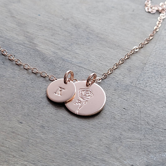 Birth Flower + Initial Necklace . ROSE GOLD-FILLED Floral Disc Necklace