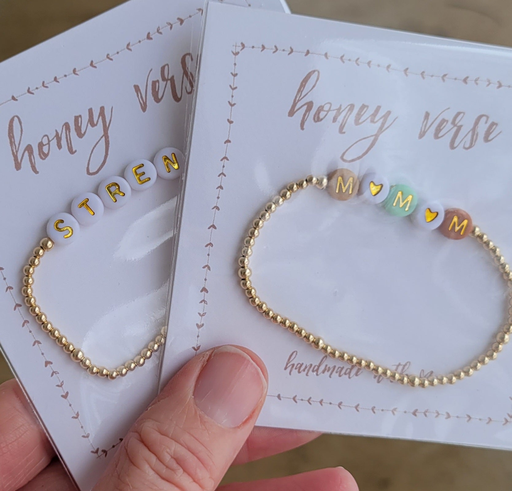 Gold-filled Beaded name or word bracelet for stacking - shown in packaging honey verse card