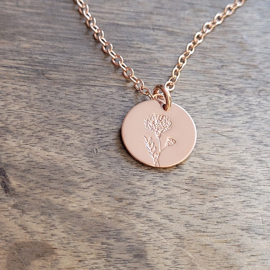 Birth Flower Necklace . SINGLE Floral Disc Necklace . ROSE GOLD-FILLED