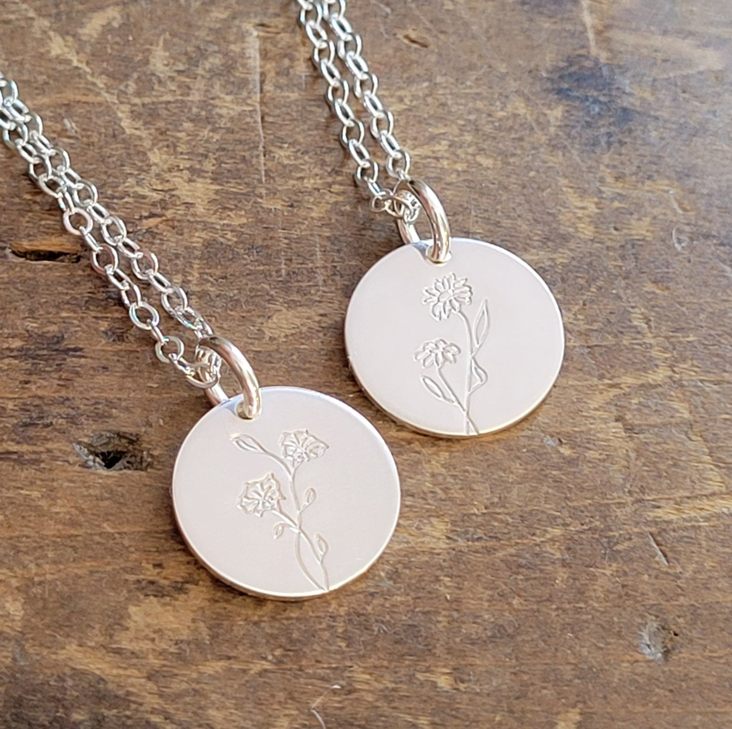 Birth Flower Necklace . SINGLE Floral Disc Necklace . STERLING SILVER