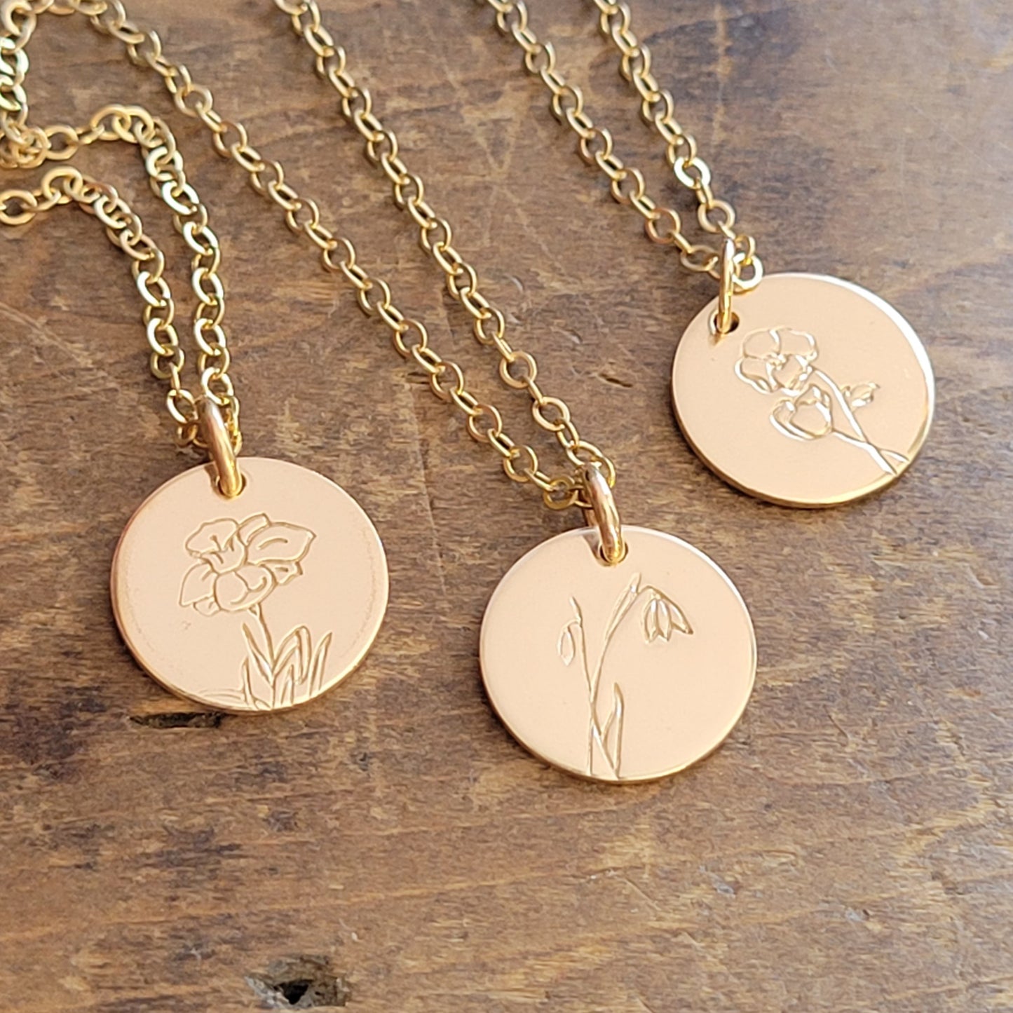 Birth Flower Necklace . SINGLE Floral Disc Necklace .YELLOW GOLD-FILLED