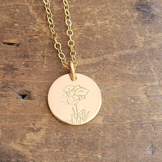 Birth Flower Necklace . SINGLE Floral Disc Necklace .YELLOW GOLD-FILLED