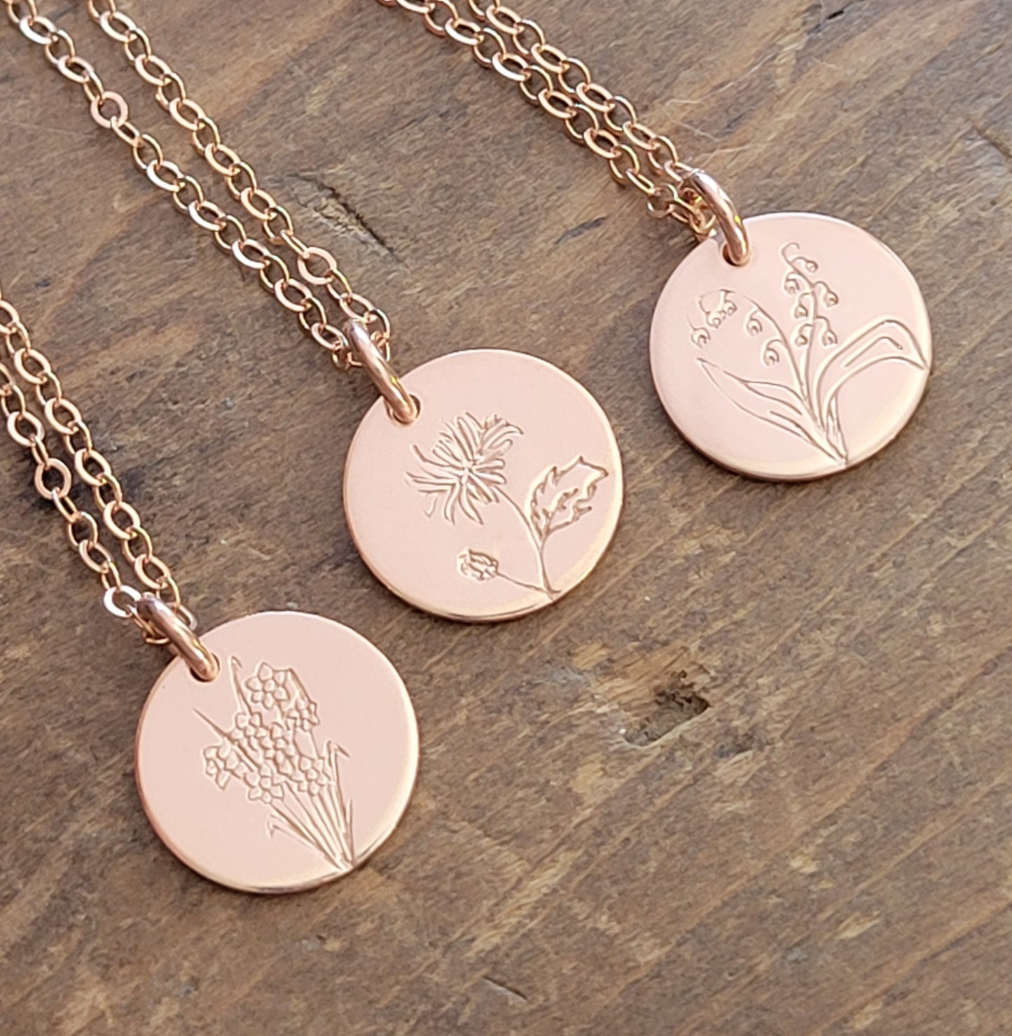 Birth Flower Necklace . SINGLE Floral Disc Necklace . ROSE GOLD-FILLED