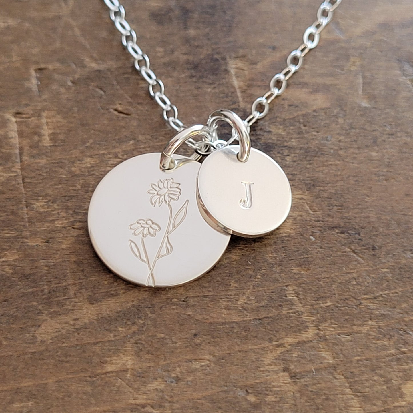 Birth Flower + Initial Necklace . STERLING SILVER Floral Disc Necklace