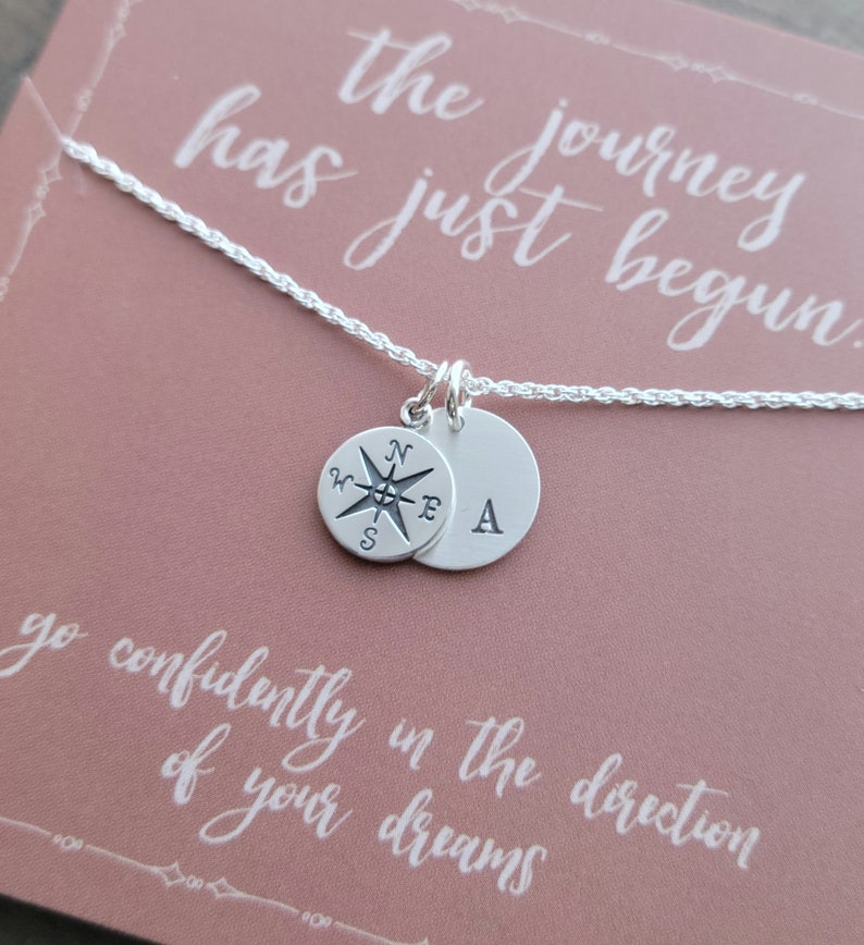 Compass Rose + Initial Necklace .  The Journey Has Just Begun Gift