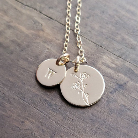 Birth Flower + Initial Necklace . YELLOW GOLD-FILLED Floral Disc Necklace