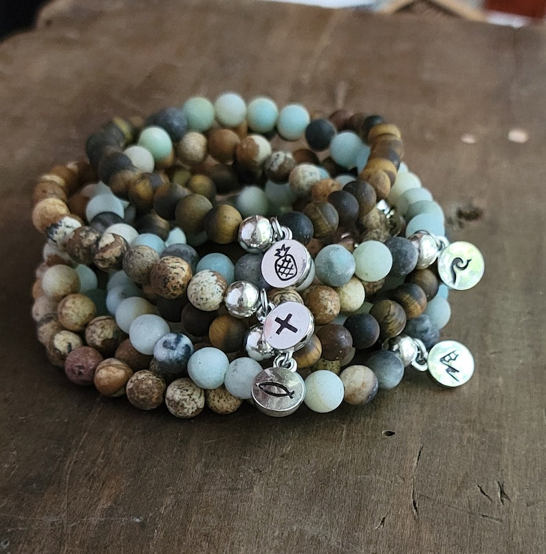 Natural Wood Stacking Bead Bracelets with Silver Charms . Best Friend Bracelets